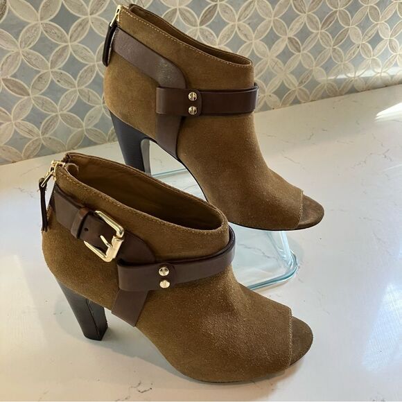 Vince Camuto VC Signature Leather Suede Brown Nikoletta Peep Toe Boots Size 7 - Picture 2 of 16